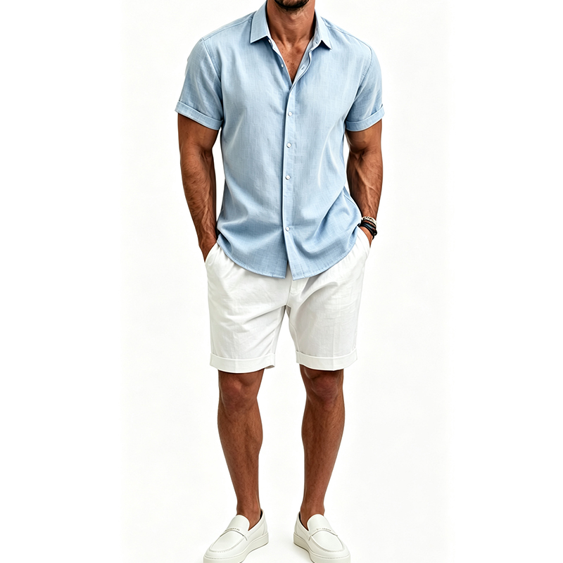 Short Linen Drawstring - Conjunto de camisa e shorts de